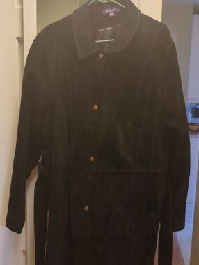 Roaman's Black Suede Button-Front Long Coat